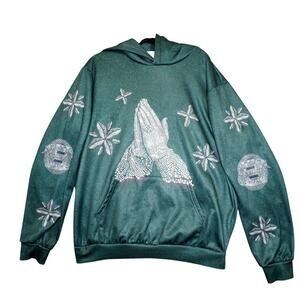 Our Lady of Sorrows Graphic Hoodie – Oversized Fit – Rhinestone Praying Hands –